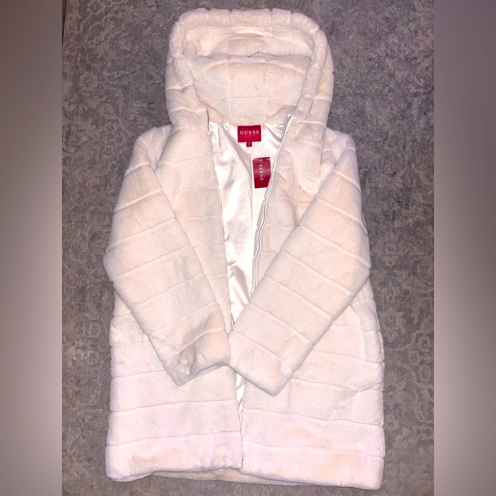 Guess Ivory Quilted Faux Fur Jacket